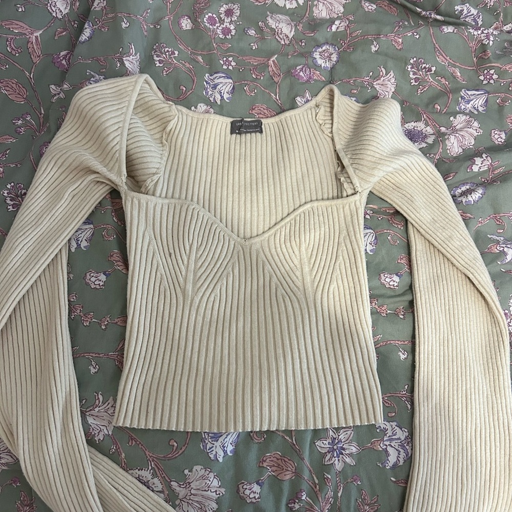 Cream Ribbed Long Sleeve Top